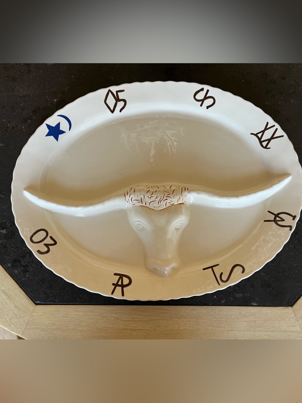 Cream Ceramic Longhorn Divided Serving Platter with Brown Accents